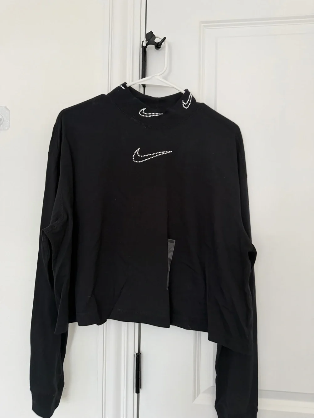 Nike Black Crystal-Swoosh Cropped Long Sleeve Top